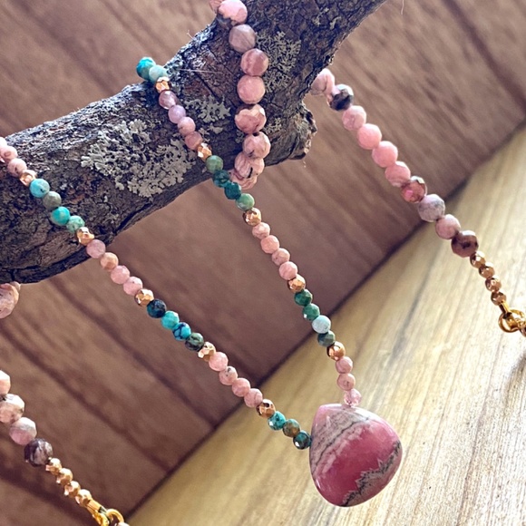 Genuine Rhodochrosite with Natural Turquoise Necklace 18K Plated Gold - Picture 9 of 10